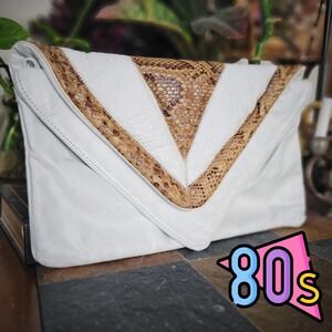 Clutch Bag Purse Leather Genuine Snakeskin Vintage 80s Envelope Large Handbag